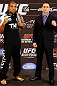 LAS VEGAS, NV - JANUARY 31:  (L-R) Opponents Jose Aldo and Frankie Edgar pose for photos during the UFC 156 Ultimate Media Day on January 31, 2013 at the Mandalay Bay in Las Vegas, Nevada.  (Photo by Josh Hedges/Zuffa LLC/Zuffa LLC via Getty Images)