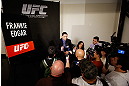 LAS VEGAS, NV - JANUARY 31:  Frankie Edgar interacts with media during the UFC 156 Ultimate Media Day on January 31, 2013 at the Mandalay Bay in Las Vegas, Nevada.  (Photo by Josh Hedges/Zuffa LLC/Zuffa LLC via Getty Images)