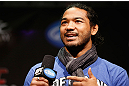 LAS VEGAS, NV - FEBRUARY 01:  UFC lightweight champion Benson Henderson interacts with fans during a Q&A session before the UFC 156 weigh-in on February 1, 2013 at Mandalay Bay Events Center in Las Vegas, Nevada.  (Photo by Josh Hedges/Zuffa LLC/Zuffa LLC via Getty Images)
