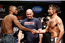 LAS VEGAS, NV - FEBRUARY 01:  (L-R) Opponents Yves Edwards and Isaac Vallie-Flag face off during the UFC 156 weigh-in on February 1, 2013 at Mandalay Bay Events Center in Las Vegas, Nevada.  (Photo by Josh Hedges/Zuffa LLC/Zuffa LLC via Getty Images)