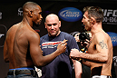 LAS VEGAS, NV - FEBRUARY 01:  (L-R) Opponents Yves Edwards and Isaac Vallie-Flag face off during the UFC 156 weigh-in on February 1, 2013 at Mandalay Bay Events Center in Las Vegas, Nevada.  (Photo by Josh Hedges/Zuffa LLC/Zuffa LLC via Getty Images)