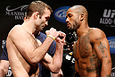 LAS VEGAS, NV - FEBRUARY 01:  (L-R) Opponents Jacob Volkmann and Bobby Green face off during the UFC 156 weigh-in on February 1, 2013 at Mandalay Bay Events Center in Las Vegas, Nevada.  (Photo by Josh Hedges/Zuffa LLC/Zuffa LLC via Getty Images)
