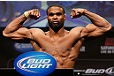 LAS VEGAS, NV - FEBRUARY 01:  Tyron Woodley weighs in during the UFC 156 weigh-in on February 1, 2013 at Mandalay Bay Events Center in Las Vegas, Nevada.  (Photo by Josh Hedges/Zuffa LLC/Zuffa LLC via Getty Images)