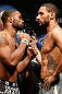 LAS VEGAS, NV - FEBRUARY 01:  (L-R) Opponents Tyron Woodley and Jay Hieron face off during the UFC 156 weigh-in on February 1, 2013 at Mandalay Bay Events Center in Las Vegas, Nevada.  (Photo by Josh Hedges/Zuffa LLC/Zuffa LLC via Getty Images)