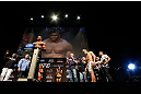 LAS VEGAS, NV - FEBRUARY 01:  Alistair Overeem weighs in as his opponent Antonio "Bigfoot" Silva looks on during the UFC 156 weigh-in on February 1, 2013 at Mandalay Bay Events Center in Las Vegas, Nevada.  (Photo by Josh Hedges/Zuffa LLC/Zuffa LLC via Getty Images)