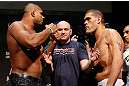 LAS VEGAS, NV - FEBRUARY 01:  (L-R) Opponents Alistair Overeem and Antonio "Bigfoot" Silva face off during the UFC 156 weigh-in on February 1, 2013 at Mandalay Bay Events Center in Las Vegas, Nevada.  (Photo by Josh Hedges/Zuffa LLC/Zuffa LLC via Getty Images)