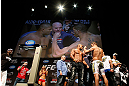 LAS VEGAS, NV - FEBRUARY 01:  (L-R) Opponents Alistair Overeem and Antonio "Bigfoot" Silva face off during the UFC 156 weigh-in on February 1, 2013 at Mandalay Bay Events Center in Las Vegas, Nevada.  (Photo by Josh Hedges/Zuffa LLC/Zuffa LLC via Getty Images)