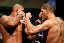 LAS VEGAS, NV - FEBRUARY 01:  (L-R) Opponents Alistair Overeem and Antonio "Bigfoot" Silva face off during the UFC 156 weigh-in on February 1, 2013 at Mandalay Bay Events Center in Las Vegas, Nevada.  (Photo by Josh Hedges/Zuffa LLC/Zuffa LLC via Getty Images)