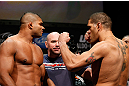 LAS VEGAS, NV - FEBRUARY 01:  (L-R) Opponents Alistair Overeem and Antonio "Bigfoot" Silva face off during the UFC 156 weigh-in on February 1, 2013 at Mandalay Bay Events Center in Las Vegas, Nevada.  (Photo by Josh Hedges/Zuffa LLC/Zuffa LLC via Getty Images)