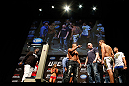 LAS VEGAS, NV - FEBRUARY 01:  (L-R) Opponents Alistair Overeem and Antonio "Bigfoot" Silva face off during the UFC 156 weigh-in on February 1, 2013 at Mandalay Bay Events Center in Las Vegas, Nevada.  (Photo by Josh Hedges/Zuffa LLC/Zuffa LLC via Getty Images)