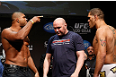 LAS VEGAS, NV - FEBRUARY 01:  (L-R) Opponents Alistair Overeem and Antonio "Bigfoot" Silva face off during the UFC 156 weigh-in on February 1, 2013 at Mandalay Bay Events Center in Las Vegas, Nevada.  (Photo by Josh Hedges/Zuffa LLC/Zuffa LLC via Getty Images)