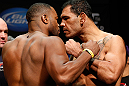 LAS VEGAS, NV - FEBRUARY 01:  (L-R) Opponents Rashad Evans and Antonio Rogerio Nogueira face off during the UFC 156 weigh-in on February 1, 2013 at Mandalay Bay Events Center in Las Vegas, Nevada.  (Photo by Josh Hedges/Zuffa LLC/Zuffa LLC via Getty Images)