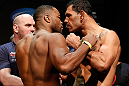 LAS VEGAS, NV - FEBRUARY 01:  (L-R) Opponents Rashad Evans and Antonio Rogerio Nogueira face off during the UFC 156 weigh-in on February 1, 2013 at Mandalay Bay Events Center in Las Vegas, Nevada.  (Photo by Josh Hedges/Zuffa LLC/Zuffa LLC via Getty Images)