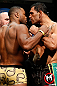 LAS VEGAS, NV - FEBRUARY 01:  (L-R) Opponents Rashad Evans and Antonio Rogerio Nogueira face off during the UFC 156 weigh-in on February 1, 2013 at Mandalay Bay Events Center in Las Vegas, Nevada.  (Photo by Josh Hedges/Zuffa LLC/Zuffa LLC via Getty Images)