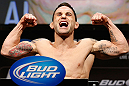 LAS VEGAS, NV - FEBRUARY 01:  Frankie Edgar weighs in during the UFC 156 weigh-in on February 1, 2013 at Mandalay Bay Events Center in Las Vegas, Nevada.  (Photo by Josh Hedges/Zuffa LLC/Zuffa LLC via Getty Images)