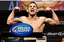 LAS VEGAS, NV - FEBRUARY 01:  Frankie Edgar weighs in during the UFC 156 weigh-in on February 1, 2013 at Mandalay Bay Events Center in Las Vegas, Nevada.  (Photo by Josh Hedges/Zuffa LLC/Zuffa LLC via Getty Images)