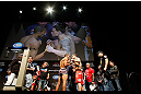 LAS VEGAS, NV - FEBRUARY 01:  (L-R) Opponents Jose Aldo and Frankie Edgar face off during the UFC 156 weigh-in on February 1, 2013 at Mandalay Bay Events Center in Las Vegas, Nevada.  (Photo by Josh Hedges/Zuffa LLC/Zuffa LLC via Getty Images)