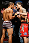 LAS VEGAS, NV - FEBRUARY 01:  (L-R) Opponents Jose Aldo and Frankie Edgar face off during the UFC 156 weigh-in on February 1, 2013 at Mandalay Bay Events Center in Las Vegas, Nevada.  (Photo by Josh Hedges/Zuffa LLC/Zuffa LLC via Getty Images)