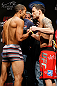 LAS VEGAS, NV - FEBRUARY 01:  (L-R) Opponents Jose Aldo and Frankie Edgar face off during the UFC 156 weigh-in on February 1, 2013 at Mandalay Bay Events Center in Las Vegas, Nevada.  (Photo by Josh Hedges/Zuffa LLC/Zuffa LLC via Getty Images)