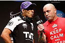 LAS VEGAS, NV - FEBRUARY 01:  (L-R) Jose Aldo is interviewed by Joe Rogan during the UFC 156 weigh-in on February 1, 2013 at Mandalay Bay Events Center in Las Vegas, Nevada.  (Photo by Josh Hedges/Zuffa LLC/Zuffa LLC via Getty Images)