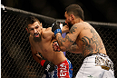 LAS VEGAS, NV - FEBRUARY 02:  (L-R) Edwin Figueroa punches Francisco Rivera during their bantamweight fight at UFC 156 on February 2, 2013 at the Mandalay Bay Events Center in Las Vegas, Nevada.  (Photo by Josh Hedges/Zuffa LLC/Zuffa LLC via Getty Images) *** Local Caption *** Francisco Rivera; Edwin Figueroa