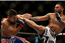 LAS VEGAS, NV - FEBRUARY 02:  (R-L) Francisco Rivera kicks Edwin Figueroa during their bantamweight fight at UFC 156 on February 2, 2013 at the Mandalay Bay Events Center in Las Vegas, Nevada.  (Photo by Josh Hedges/Zuffa LLC/Zuffa LLC via Getty Images) *** Local Caption *** Francisco Rivera; Edwin Figueroa