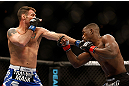 LAS VEGAS, NV - FEBRUARY 02:  (L-R) Isaac Vallie-Flagg punches Yves Edwards during their lightweight fight at UFC 156 on February 2, 2013 at the Mandalay Bay Events Center in Las Vegas, Nevada.  (Photo by Josh Hedges/Zuffa LLC/Zuffa LLC via Getty Images) *** Local Caption *** Yves Edwards; Isaac Vallie-Flagg