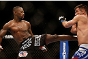 LAS VEGAS, NV - FEBRUARY 02:  (L-R) Yves Edwards kicks Isaac Vallie-Flagg during their lightweight fight at UFC 156 on February 2, 2013 at the Mandalay Bay Events Center in Las Vegas, Nevada.  (Photo by Josh Hedges/Zuffa LLC/Zuffa LLC via Getty Images) *** Local Caption *** Yves Edwards; Isaac Vallie-Flagg