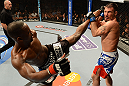 LAS VEGAS, NV - FEBRUARY 02:  (L-R) Yves Edwards kicks Isaac Vallie-Flagg during their lightweight fight at UFC 156 on February 2, 2013 at the Mandalay Bay Events Center in Las Vegas, Nevada.  (Photo by Donald Miralle/Zuffa LLC/Zuffa LLC via Getty Images) *** Local Caption *** Yves Edwards; Isaac Vallie-Flagg