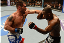 LAS VEGAS, NV - FEBRUARY 02:  (L-R) Isaac Vallie-Flagg punches Yves Edwards during their lightweight fight at UFC 156 on February 2, 2013 at the Mandalay Bay Events Center in Las Vegas, Nevada.  (Photo by Donald Miralle/Zuffa LLC/Zuffa LLC via Getty Images) *** Local Caption *** Yves Edwards; Isaac Vallie-Flagg