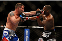 LAS VEGAS, NV - FEBRUARY 02:  (L-R) Isaac Vallie-Flagg punches Yves Edwards during their lightweight fight at UFC 156 on February 2, 2013 at the Mandalay Bay Events Center in Las Vegas, Nevada.  (Photo by Josh Hedges/Zuffa LLC/Zuffa LLC via Getty Images) *** Local Caption *** Yves Edwards; Isaac Vallie-Flagg
