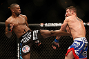 LAS VEGAS, NV - FEBRUARY 02:  (L-R) Yves Edwards kicks Isaac Vallie-Flagg during their lightweight fight at UFC 156 on February 2, 2013 at the Mandalay Bay Events Center in Las Vegas, Nevada.  (Photo by Josh Hedges/Zuffa LLC/Zuffa LLC via Getty Images) *** Local Caption *** Yves Edwards; Isaac Vallie-Flagg