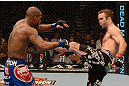 LAS VEGAS, NV - FEBRUARY 02:  (R-L) Jacob Volkmann kicks Bobby Green during their lightweight fight at UFC 156 on February 2, 2013 at the Mandalay Bay Events Center in Las Vegas, Nevada.  (Photo by Donald Miralle/Zuffa LLC/Zuffa LLC via Getty Images) *** Local Caption *** Jacob Volkmann; Bobby Green