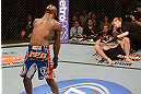 LAS VEGAS, NV - FEBRUARY 02:  Bobby Green (left) reacts to his victory over Jacob Volkmann during their lightweight fight at UFC 156 on February 2, 2013 at the Mandalay Bay Events Center in Las Vegas, Nevada.  (Photo by Donald Miralle/Zuffa LLC/Zuffa LLC via Getty Images) *** Local Caption *** Jacob Volkmann; Bobby Green