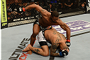 LAS VEGAS, NV - FEBRUARY 02:  Tyron Woodley (top) punches Jay Hieron during their welterweight fight at UFC 156 on February 2, 2013 at the Mandalay Bay Events Center in Las Vegas, Nevada.  (Photo by Donald Miralle/Zuffa LLC/Zuffa LLC via Getty Images) *** Local Caption *** Jay Hieron; Tyron Woodley