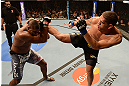 LAS VEGAS, NV - FEBRUARY 02:  (R-L) Antonio Silva kicks Alistair Overeem during their heavyweight fight at UFC 156 on February 2, 2013 at the Mandalay Bay Events Center in Las Vegas, Nevada.  (Photo by Donald Miralle/Zuffa LLC/Zuffa LLC via Getty Images) *** Local Caption *** Alistair Overeem; Antonio Silva