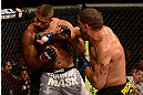LAS VEGAS, NV - FEBRUARY 02:  (R-L) Antonio Silva punches Alistair Overeem during their heavyweight fight at UFC 156 on February 2, 2013 at the Mandalay Bay Events Center in Las Vegas, Nevada.  (Photo by Donald Miralle/Zuffa LLC/Zuffa LLC via Getty Images) *** Local Caption *** Alistair Overeem; Antonio Silva