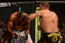 LAS VEGAS, NV - FEBRUARY 02:  (R-L) Antonio Silva punches Alistair Overeem during their heavyweight fight at UFC 156 on February 2, 2013 at the Mandalay Bay Events Center in Las Vegas, Nevada.  (Photo by Donald Miralle/Zuffa LLC/Zuffa LLC via Getty Images) *** Local Caption *** Alistair Overeem; Antonio Silva
