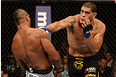 LAS VEGAS, NV - FEBRUARY 02:  (R-L) Antonio Silva punches Alistair Overeem during their heavyweight fight at UFC 156 on February 2, 2013 at the Mandalay Bay Events Center in Las Vegas, Nevada.  (Photo by Donald Miralle/Zuffa LLC/Zuffa LLC via Getty Images) *** Local Caption *** Alistair Overeem; Antonio Silva