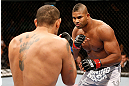 LAS VEGAS, NV - FEBRUARY 02:  Alistair Overeem (right) and Antonio Silva (left) face off during their heavyweight fight at UFC 156 on February 2, 2013 at the Mandalay Bay Events Center in Las Vegas, Nevada.  (Photo by Josh Hedges/Zuffa LLC/Zuffa LLC via Getty Images) *** Local Caption *** Alistair Overeem; Antonio Silva