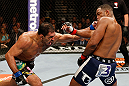 LAS VEGAS, NV - FEBRUARY 02:  (L-R) Antonio Rogerio Nogueira punches Rashad Evans during their light heavyweight fight at UFC 156 on February 2, 2013 at the Mandalay Bay Events Center in Las Vegas, Nevada.  (Photo by Josh Hedges/Zuffa LLC/Zuffa LLC via Getty Images) *** Local Caption *** Rashad Evans; Antonio Rogerio Nogueira