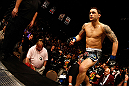 LAS VEGAS, NV - FEBRUARY 02:  Frankie Edgar enters the Octagon to face Jose Aldo before their featherweight title fight at UFC 156 on February 2, 2013 at the Mandalay Bay Events Center in Las Vegas, Nevada.  (Photo by Josh Hedges/Zuffa LLC/Zuffa LLC via Getty Images) *** Local Caption *** Jose Aldo; Frankie Edgar