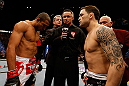 LAS VEGAS, NV - FEBRUARY 02:  Jose Aldo (left) and Frankie Edgar (right) face off before their featherweight title fight at UFC 156 on February 2, 2013 at the Mandalay Bay Events Center in Las Vegas, Nevada.  (Photo by Josh Hedges/Zuffa LLC/Zuffa LLC via Getty Images) *** Local Caption *** Jose Aldo; Frankie Edgar