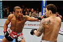 LAS VEGAS, NV - FEBRUARY 02:  Jose Aldo (left) punches Frankie Edgar (right) during their featherweight title fight at UFC 156 on February 2, 2013 at the Mandalay Bay Events Center in Las Vegas, Nevada.  (Photo by Josh Hedges/Zuffa LLC/Zuffa LLC via Getty Images) *** Local Caption *** Jose Aldo; Frankie Edgar