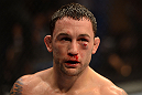 LAS VEGAS, NV - FEBRUARY 02:  Frankie Edgar in between rounds during his featherweight title fight at UFC 156 on February 2, 2013 at the Mandalay Bay Events Center in Las Vegas, Nevada.  (Photo by Donald Miralle/Zuffa LLC/Zuffa LLC via Getty Images) *** Local Caption *** Jose Aldo; Frankie Edgar