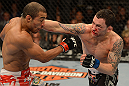 LAS VEGAS, NV - FEBRUARY 02:  (R-L) Frankie Edgar punches Jose Aldo during their featherweight title fight at UFC 156 on February 2, 2013 at the Mandalay Bay Events Center in Las Vegas, Nevada.  (Photo by Donald Miralle/Zuffa LLC/Zuffa LLC via Getty Images) *** Local Caption *** Jose Aldo; Frankie Edgar