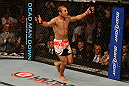 LAS VEGAS, NV - FEBRUARY 02:  Jose Aldo reacts to his victory over Frankie Edgar after their featherweight title fight at UFC 156 on February 2, 2013 at the Mandalay Bay Events Center in Las Vegas, Nevada.  (Photo by Donald Miralle/Zuffa LLC/Zuffa LLC via Getty Images) *** Local Caption *** Jose Aldo; Frankie Edgar