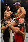 LAS VEGAS, NV - FEBRUARY 02:  Frankie Edgar (upper left) and Jose Aldo (upper right) congratulate eachother after their featherweight title fight at UFC 156 on February 2, 2013 at the Mandalay Bay Events Center in Las Vegas, Nevada.  (Photo by Donald Miralle/Zuffa LLC/Zuffa LLC via Getty Images) *** Local Caption *** Jose Aldo; Frankie Edgar