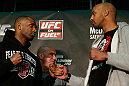 LONDON, ENGLAND - FEBRUARY 13:  (L-R) Opponents Jimi Manuwa and Cyrille Diabate face off during a UFC press conference on February 13, 2013 at Hooks Gym in London, England.  (Photo by Josh Hedges/Zuffa LLC/Zuffa LLC via Getty Images)