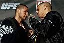 LONDON, ENGLAND - FEBRUARY 13:  (L-R) Opponents Cub Swanson and Dustin Poirier face off during a UFC press conference on February 13, 2013 at Hooks Gym in London, England.  (Photo by Josh Hedges/Zuffa LLC/Zuffa LLC via Getty Images)